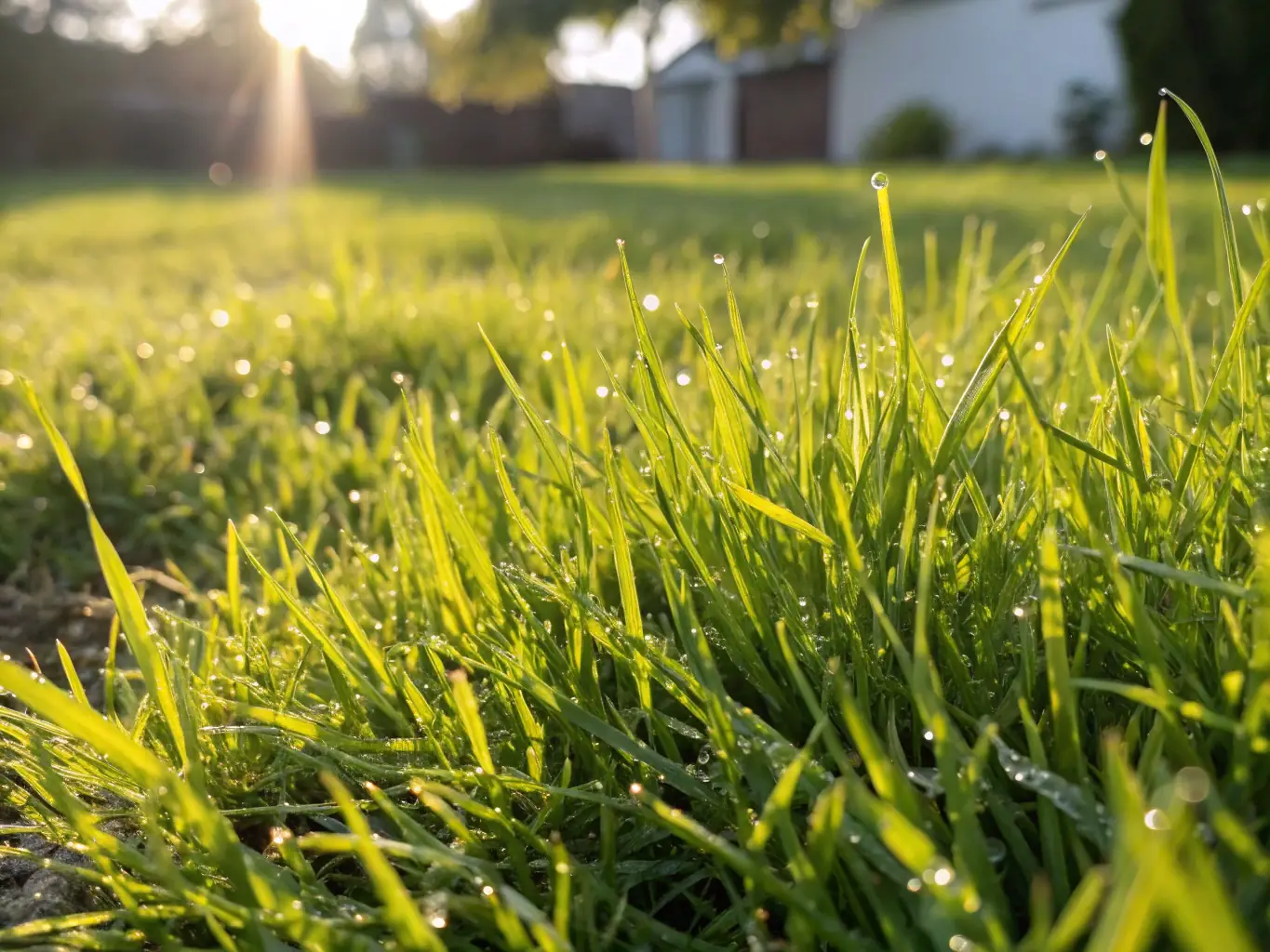 Close-up of a healthy, green lawn with weed-free grass and fertilization equipment, highlighting the effectiveness of Ace Garden Nest's fertilization and weed control programs.