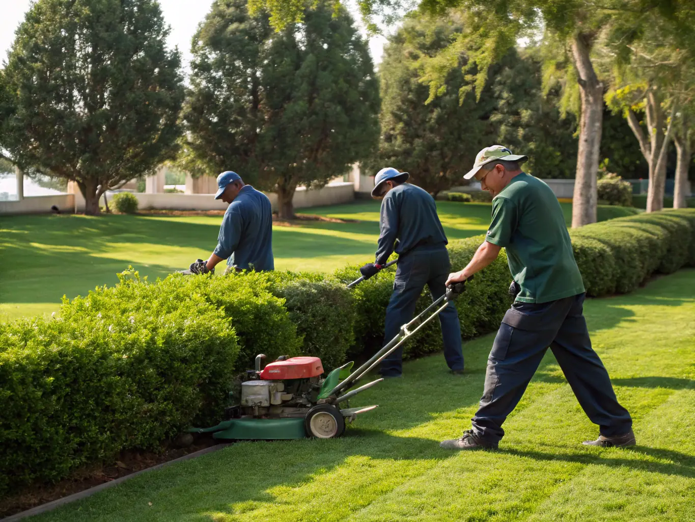 A lush green lawn being carefully mowed and edged by professional landscapers, showcasing the precision and care taken in Ace Garden Nest's lawn mowing and edging services.
