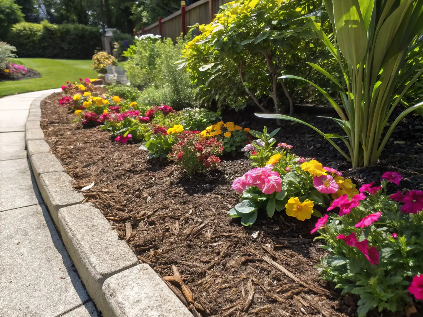 A beautifully landscaped yard featuring plants, mulch, and decorative stones, illustrating the potential of Ace Garden Nest's landscape supplies and upgrade services.
